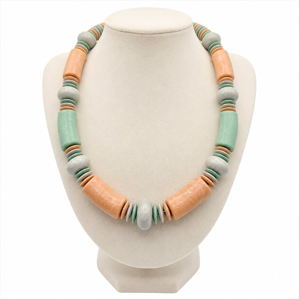 Vintage Artisan Polymer Clay Necklace Peach Green Gray Chunky Beads 18" 72 g